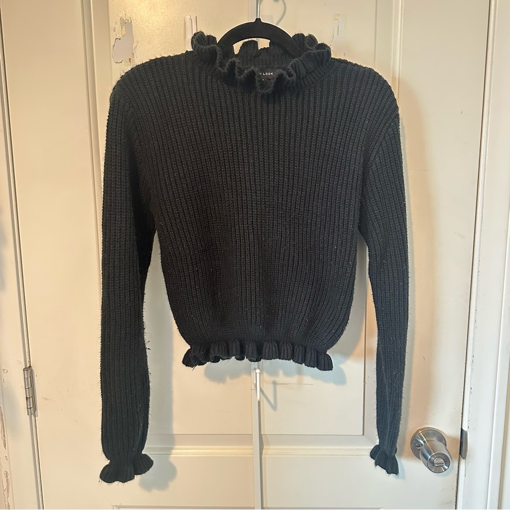Black Ruffled Knit Sweater
